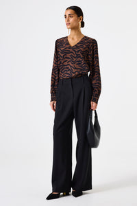 Garcia Chocolate Brown/Black Abstract Print V-Neck Blouse