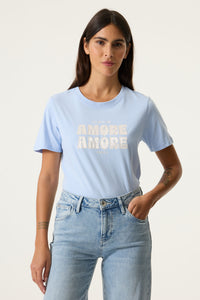 Garcia Cornflower Blue 'AMORE AMORE' Embroidered Satin Logo T-Shirt, O260005