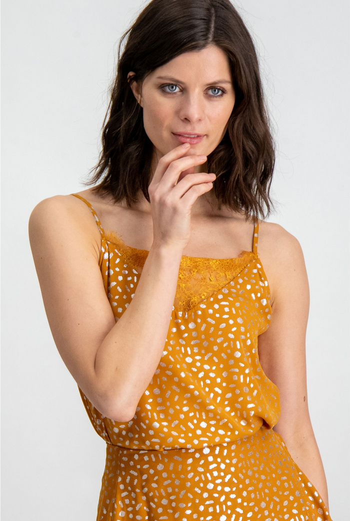 Garcia Orange Cami Top with Silver Dot Print and Lace, C90001 freeshipping - Ruby 67 Boutique